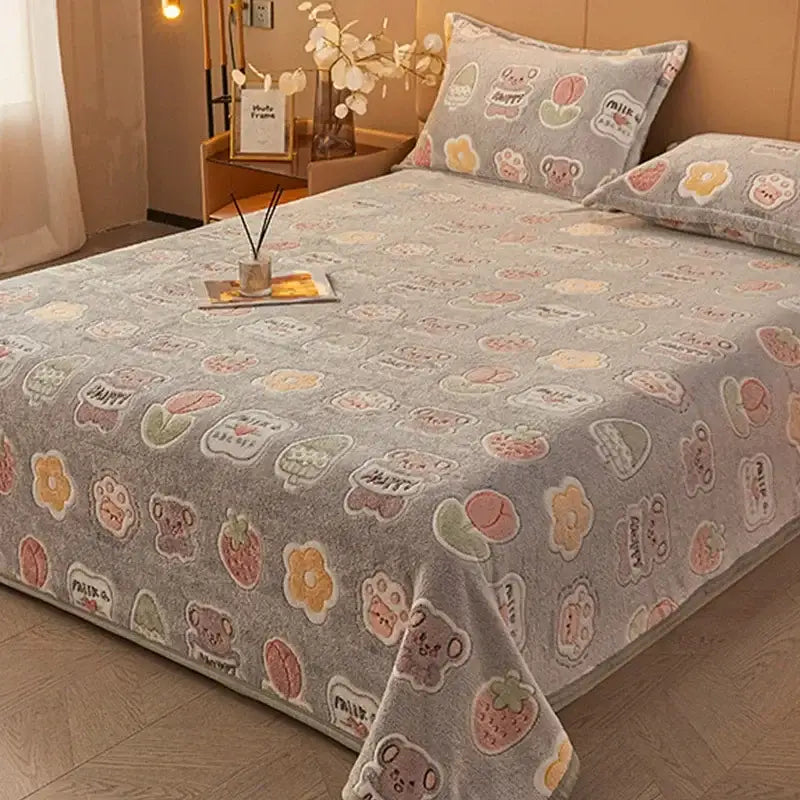 Beige space astronaut cartoon flannel blanket with gray plush bedspread featuring soft texture and pastel bear and strawberry pattern decorbites cartoon flannel