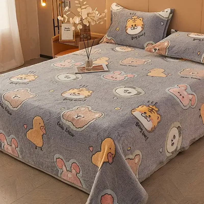 Gray plush cartoon flannel blanket with soft texture and pastel animal pattern for decorbites cartoon flannel bedding