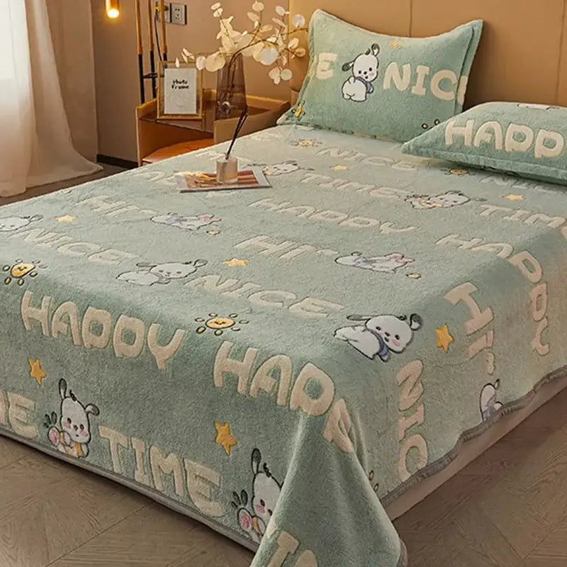Beige space astronaut cartoon flannel blanket with mint green plush bedspread featuring embroidered cartoon dogs and happy time text decorbites cartoon flannel