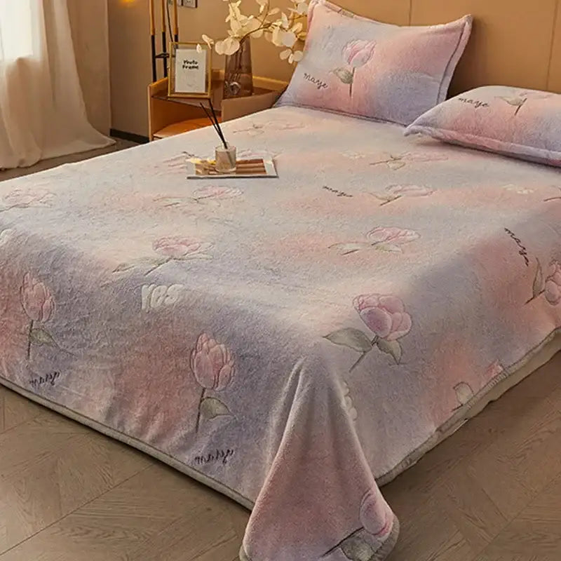 Beige space astronaut cartoon flannel blanket with pink and lavender floral plush bedspread for decorbites cartoon flannel decor