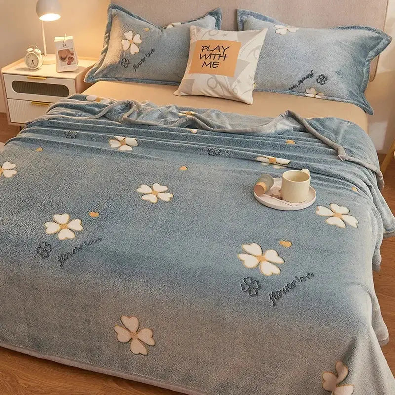 Soft blue plush decorbites cartoon flannel blanket with embroidered flowers and flower love text for bedroom sofa cover