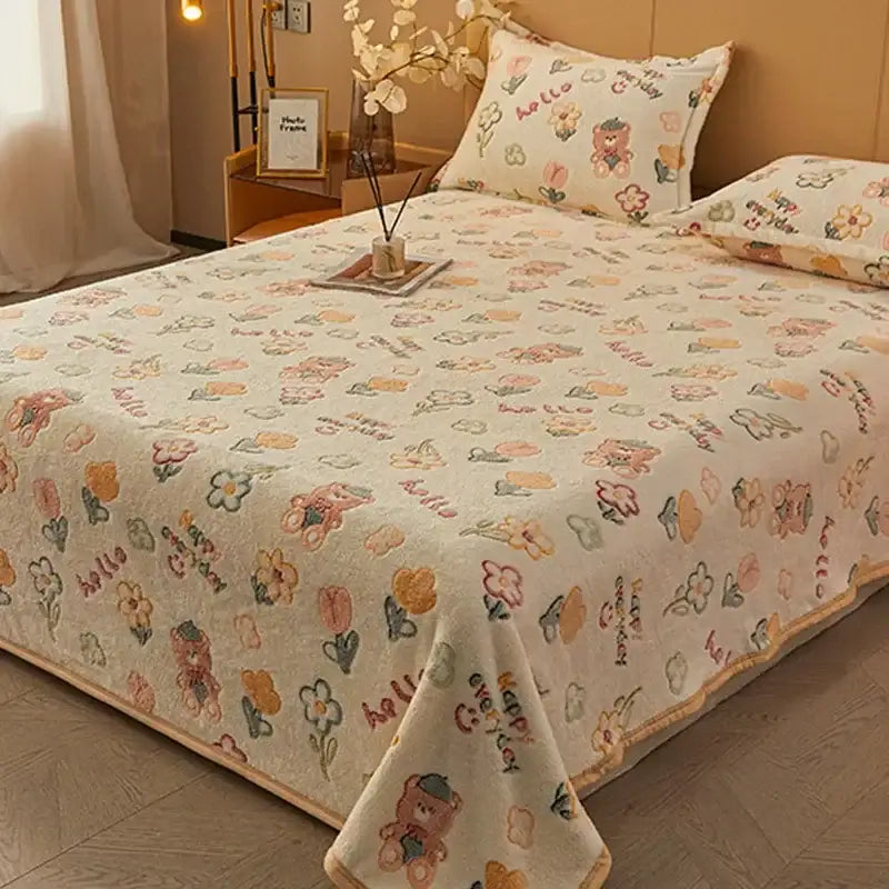 Beige space astronaut cartoon flannel blanket with soft cream fleece and pastel bear floral hello pattern by decorbites cartoon flannel