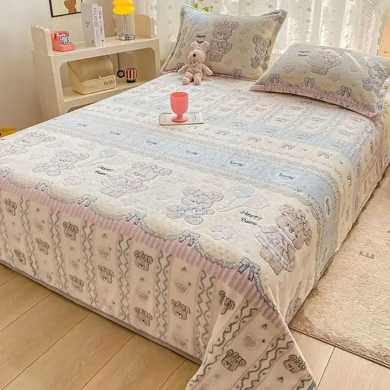 Soft cream-colored quilted bedspread with pastel teddy bears and lace borders for decorbites cartoon flannel blanket use