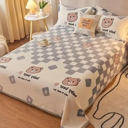 Beige space astronaut cartoon flannel blanket with soft cream fleece and bear print for decorbites cartoon flannel use
