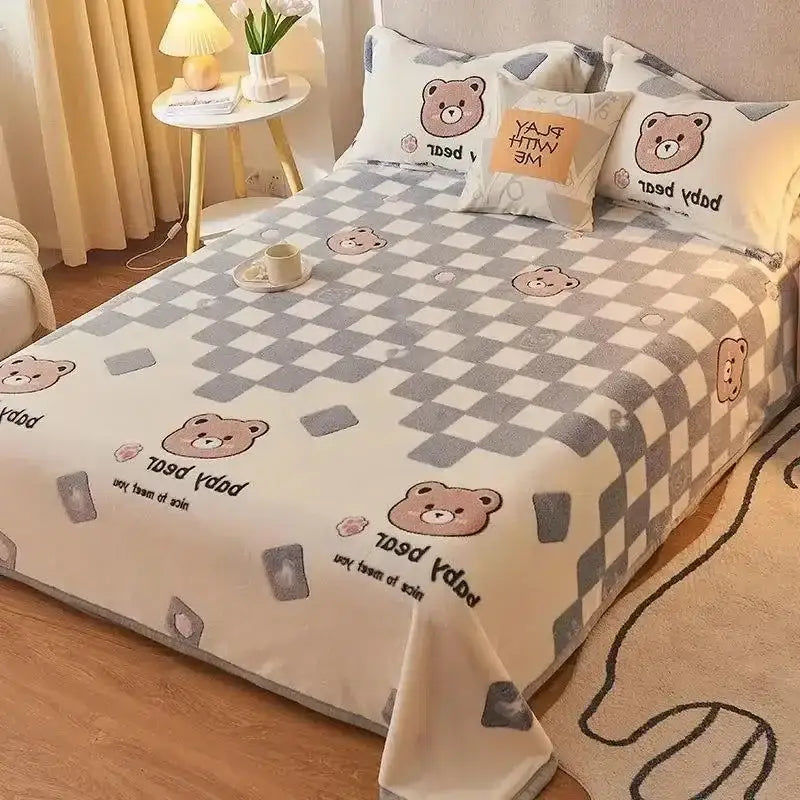 Beige space astronaut cartoon flannel blanket with soft cream fleece and bear print for decorbites cartoon flannel use