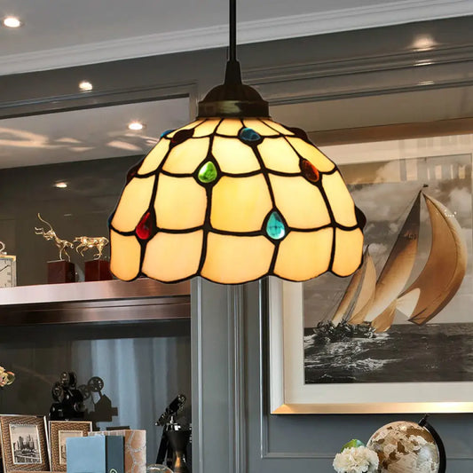 Beige Stained Glass Pendant Lamp with Beaded Detailing - Tiffany Hanging Light Kit for Study - 8"/12" Wide