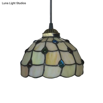 Beige Stained Glass Pendant Lamp with Beaded Detailing - Tiffany Hanging Light Kit for Study - 8"/12" Wide