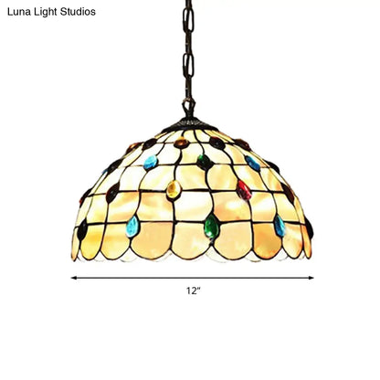 Beige Stained Glass Pendant Lamp with Beaded Detailing - Tiffany Hanging Light Kit for Study - 8"/12" Wide