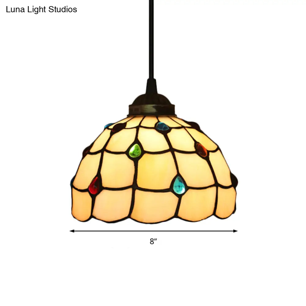 Beige Stained Glass Pendant Lamp with Beaded Detailing - Tiffany Hanging Light Kit for Study - 8"/12" Wide