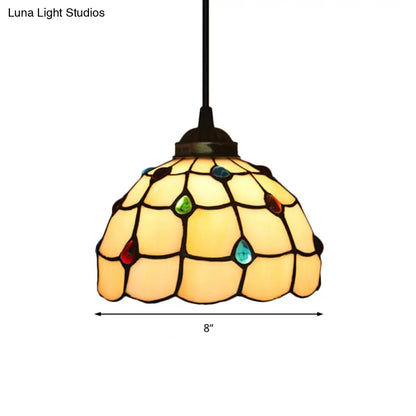 Beige Stained Glass Pendant Lamp with Beaded Detailing - Tiffany Hanging Light Kit for Study - 8"/12" Wide