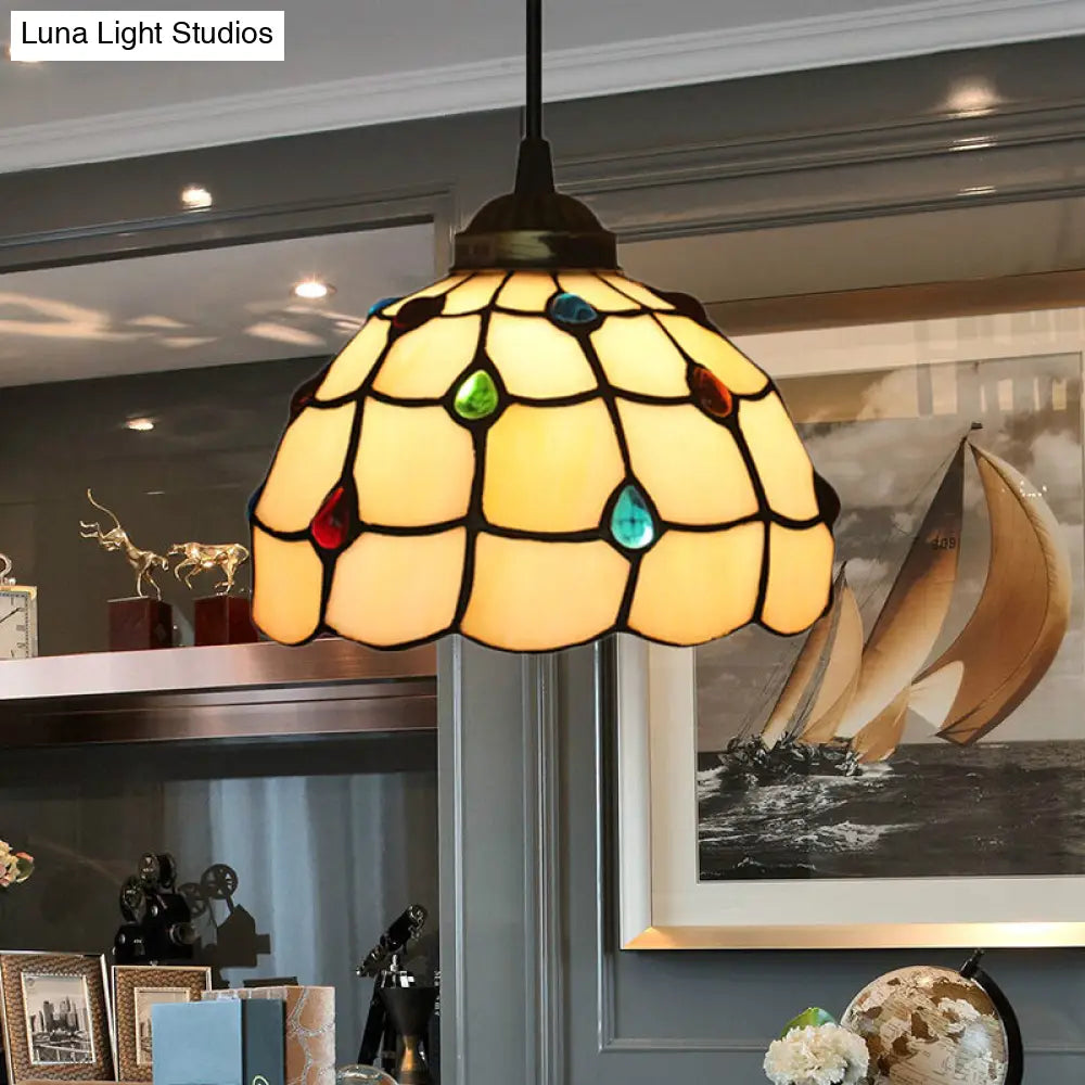 Beige Stained Glass Pendant Lamp with Beaded Detailing - Tiffany Hanging Light Kit for Study - 8"/12" Wide