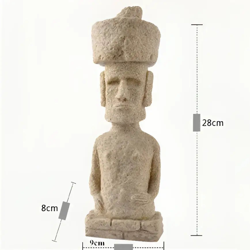 Beige stone easter island moai pukao statue with textured weathered surface and traditional carved facial features