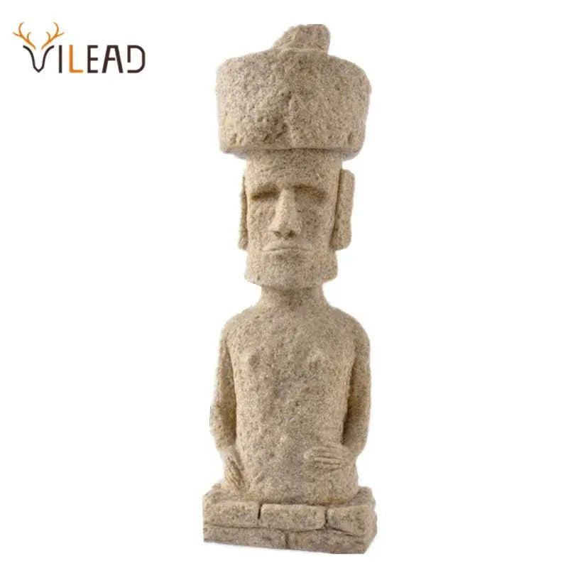 Beige stone easter island moai pukao statue with textured surface and distinctive headpiece for living room decor