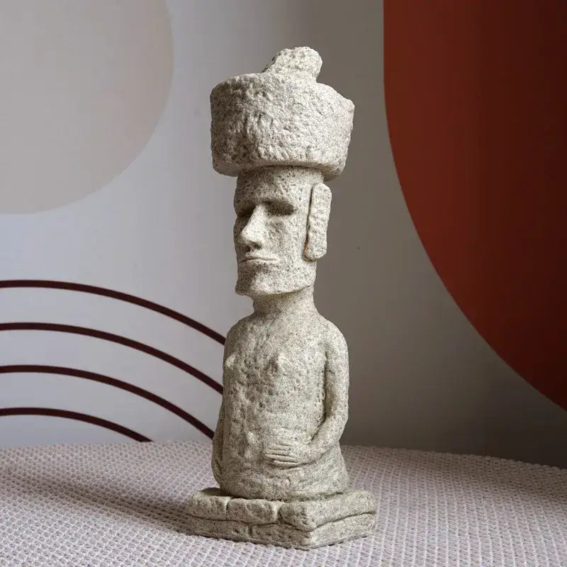 Beige stone easter island moai pukao statue with textured weathered surface and elongated face for living room decor