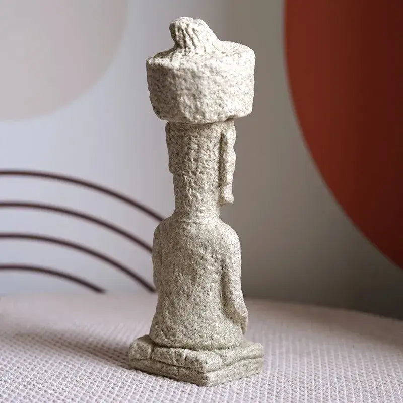 Beige stone easter island moai pukao statue with textured rounded hat for living room decor