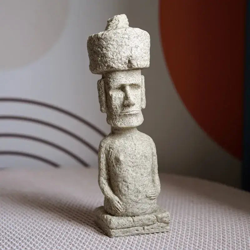 Beige stone easter island moai pukao statue with textured surface and distinctive headpiece for living room decor