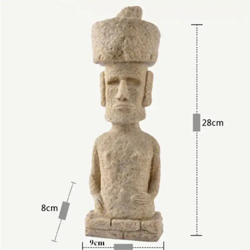 Beige stone easter island moai pukao statue with large textured headdress for living room decor