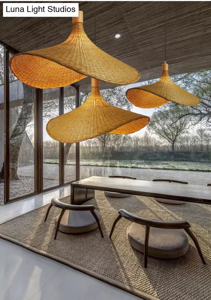 DecorBites™ Beige Straw Hat Pendant Light - Asian Style Ceiling Lamp for Dining Table