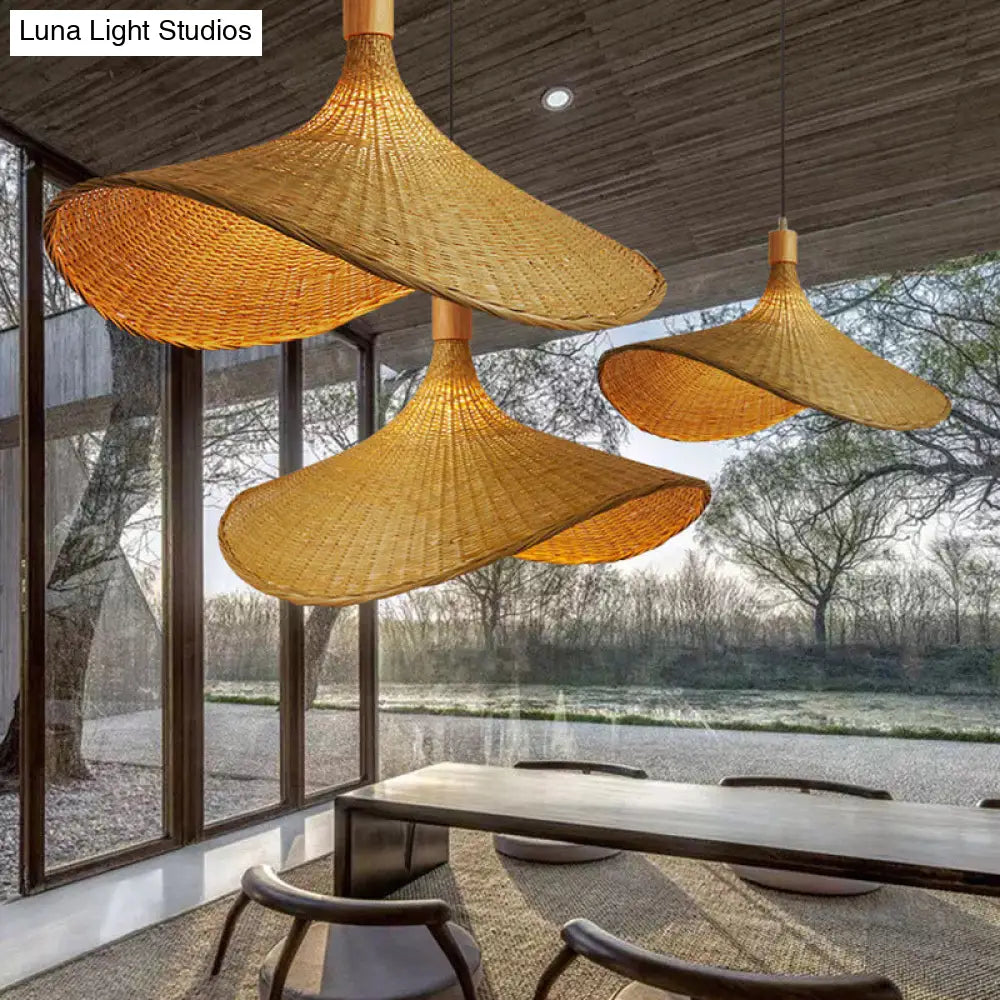 DecorBites™ Beige Straw Hat Shape Hanging Lamp Kit Asian 1-Light Rattan Ceiling Pendant Light for Dining Table