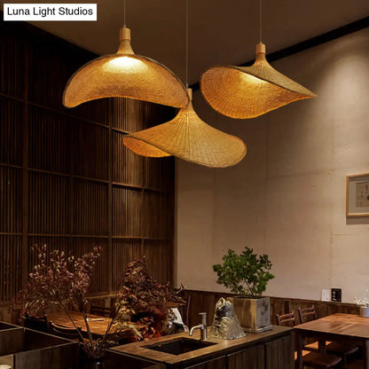 DecorBites™ Beige Straw Hat Shape Hanging Lamp Kit Asian 1-Light Rattan Ceiling Pendant Light for Dining Table