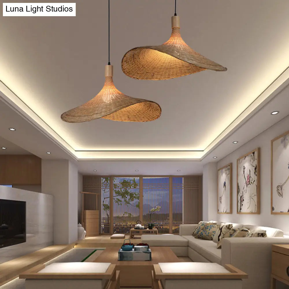 DecorBites™ Beige Straw Hat Shape Hanging Lamp Kit Asian 1-Light Rattan Ceiling Pendant Light for Dining Table