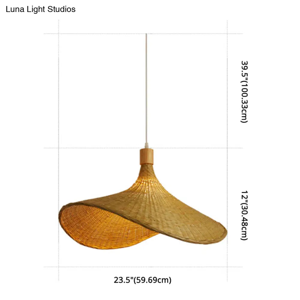 DecorBites™ Beige Straw Hat Shape Hanging Lamp Kit Asian 1-Light Rattan Ceiling Pendant Light for Dining Table