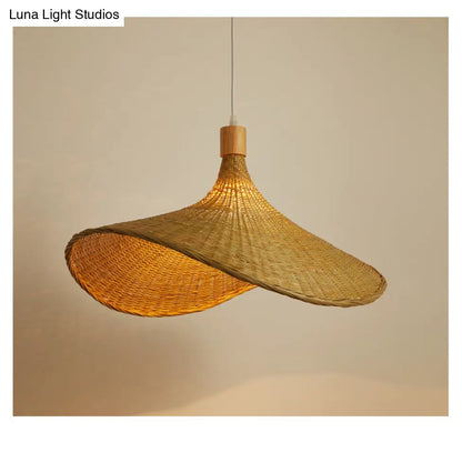 DecorBites™ Beige Straw Hat Shape Hanging Lamp Kit Asian 1-Light Rattan Ceiling Pendant Light for Dining Table