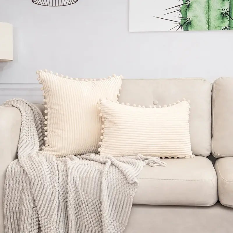 Beige striped corduroy cushion cover with cream pom pom trim for living room decorbites beige striped lumbar pillow