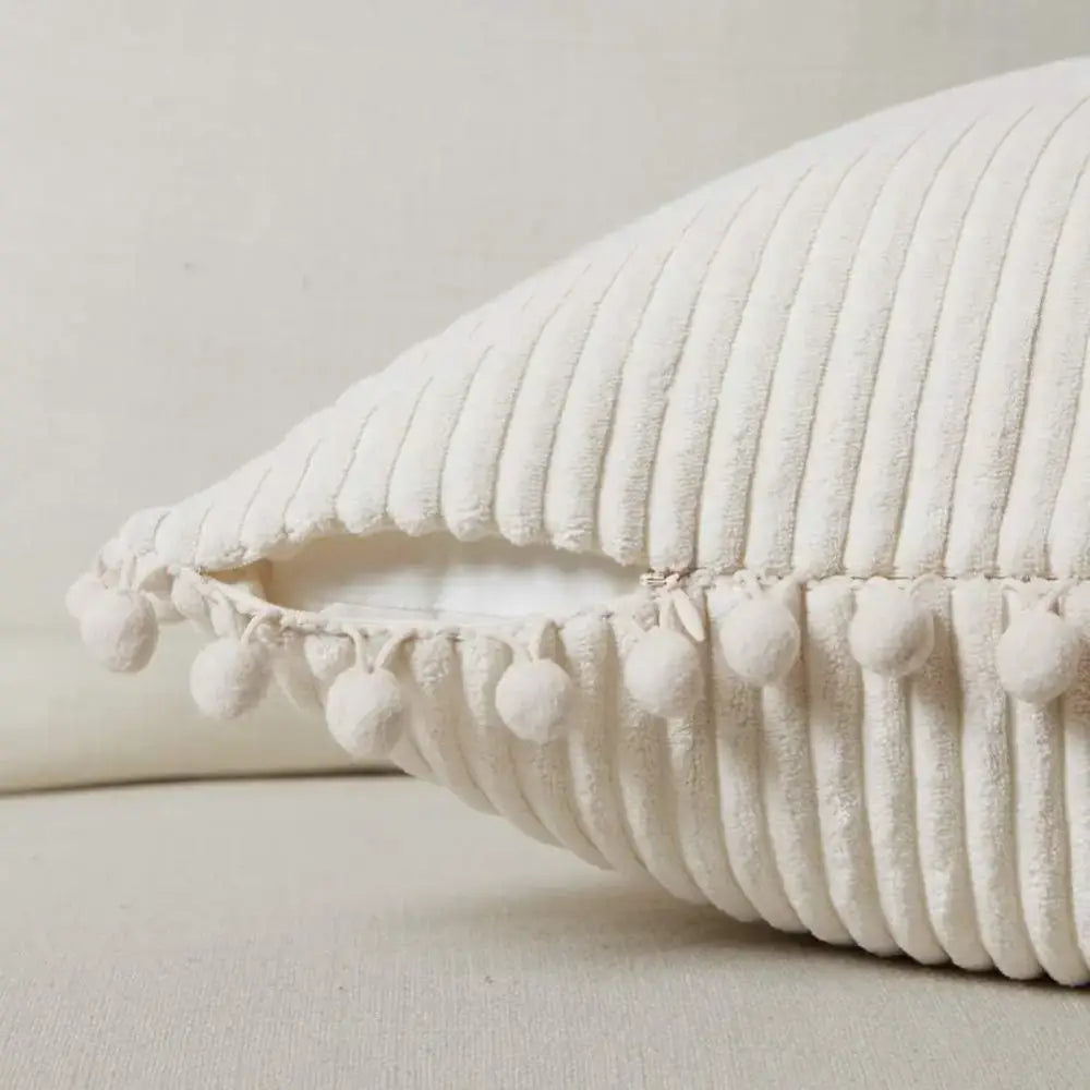 Beige striped corduroy cushion cover with cream pom pom trim for living room lumbar decorbites beige striped design