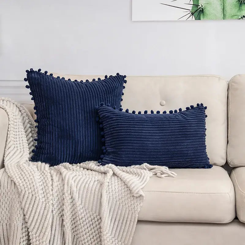 Navy blue corduroy cushion covers with pom pom trim complement decorbites beige striped living room lumbar decorbites beige striped