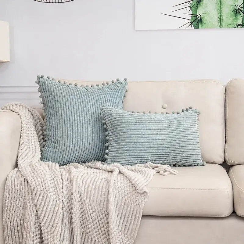 Two light blue corduroy cushion covers with gray pom pom trim decorbites beige striped for living room lumbar decor