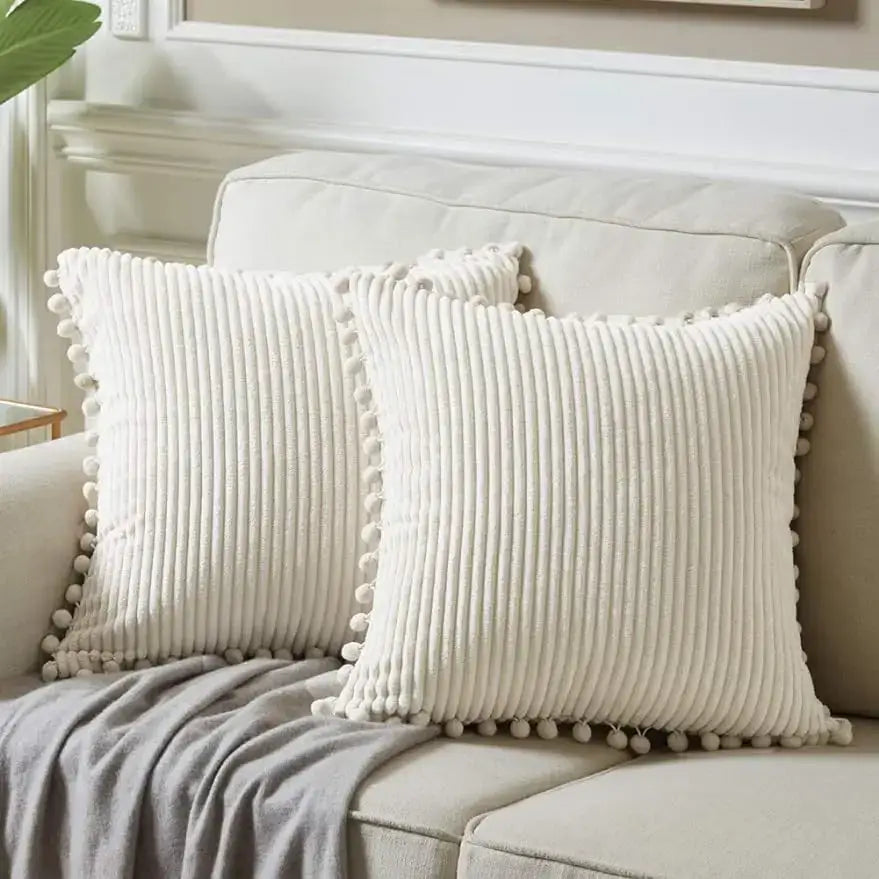 Beige striped corduroy cushion cover with cream pom pom trim for living room decorbites beige striped lumbar pillow