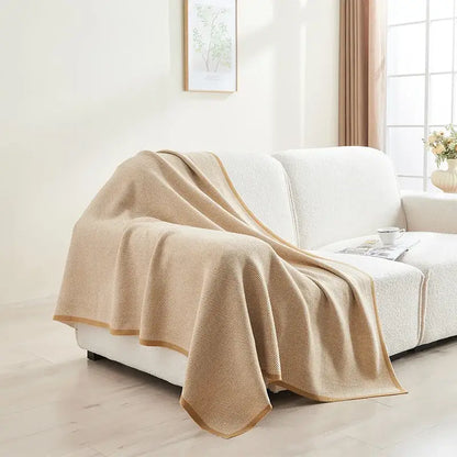 Beige and tan decorbites herringbone knit blanket with subtle textured weave and finished edges for sofa decor