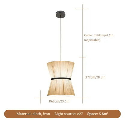 Beige tapered cocoon cloth chandelier kitchen pendant light with woven natural fabric shade and black iron accents by decorbites cocoon cloth