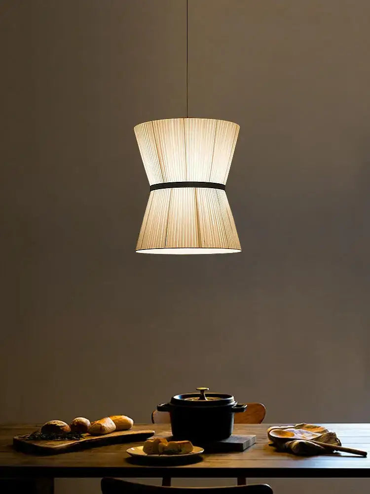 Beige tapered cocoon cloth chandelier kitchen pendant light with woven natural fibers and black band by decorbites cocoon cloth