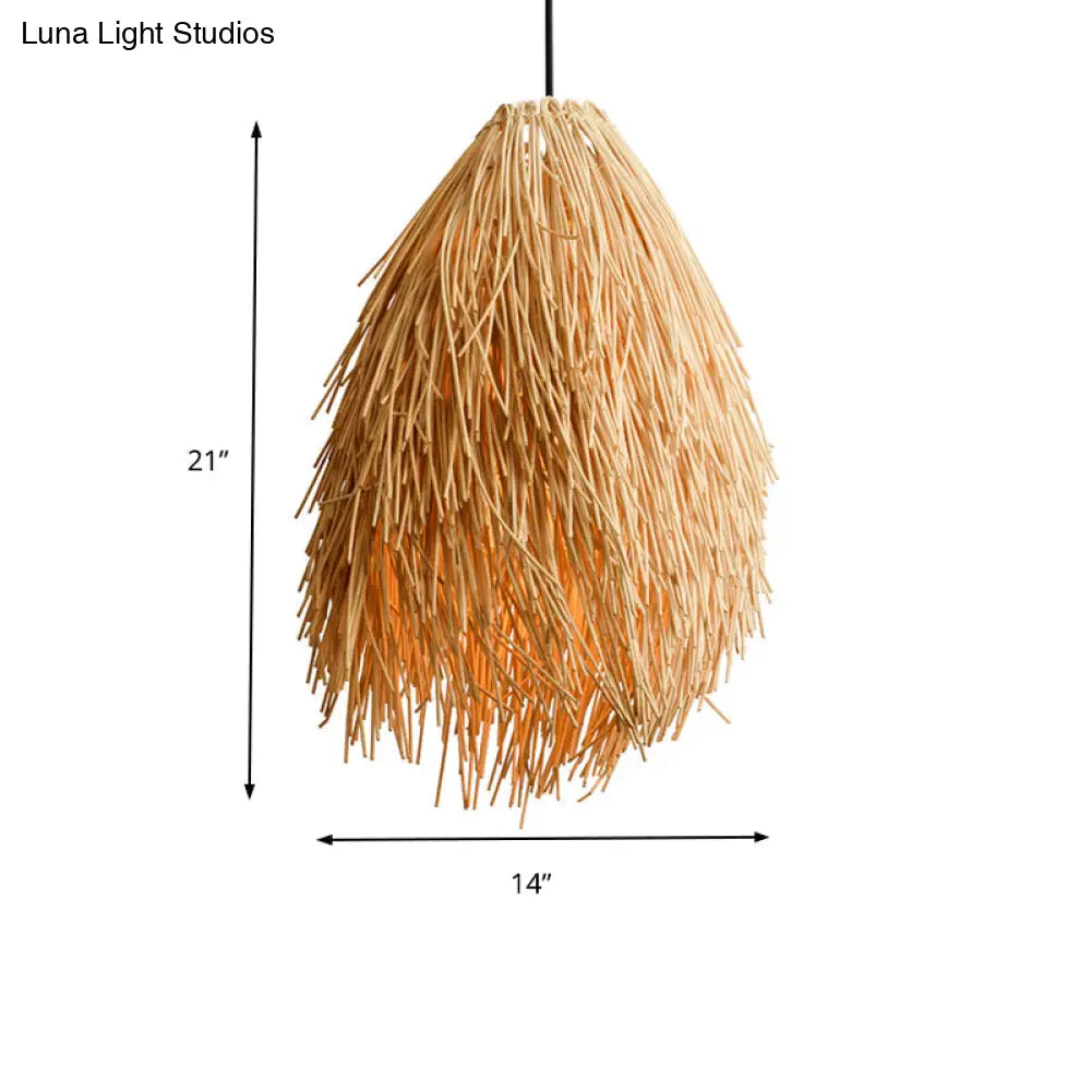 DecorBites™ Beige Teardrop Pendant Lamp Asian Stylish 1-Bulb Rattan Hanging Light Fixture for Restaurant