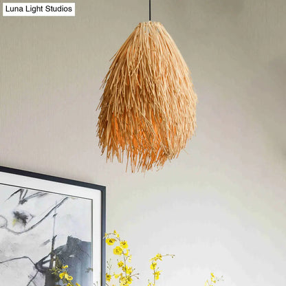 DecorBites™ Beige Teardrop Pendant Lamp Asian Stylish 1-Bulb Rattan Hanging Light Fixture for Restaurant