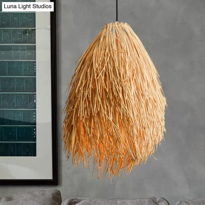 DecorBites™ Beige Teardrop Pendant Lamp Asian Stylish 1-Bulb Rattan Hanging Light Fixture for Restaurant