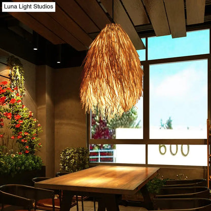 DecorBites™ Beige Teardrop Pendant Lamp Asian Stylish 1-Bulb Rattan Hanging Light Fixture for Restaurant