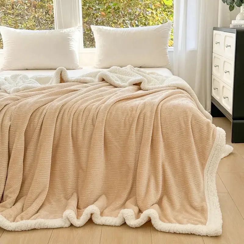 Beige textured cozy lamb wool blanket with soft plush surface and white sherpa trim for living room decorbites cozy lamb throw