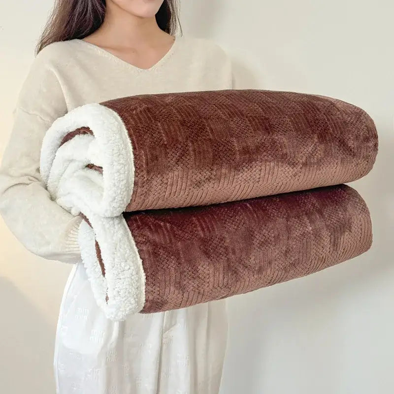Beige textured cozy lamb wool blanket with brown corduroy exterior and soft white fleece lining for living room decorbites cozy lamb