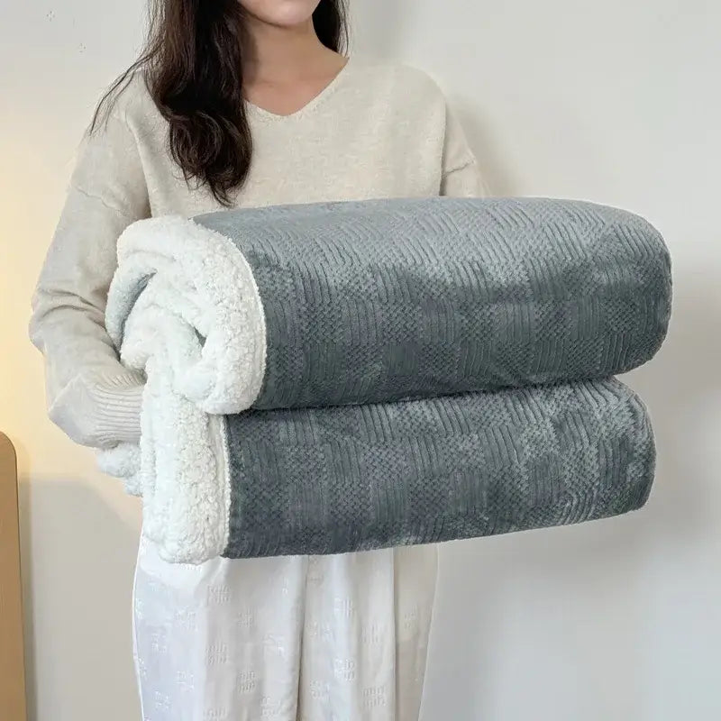 A cozy gray and white fleece lamb wool blanket with a ribbed pattern from decorbites cozy lamb collection
