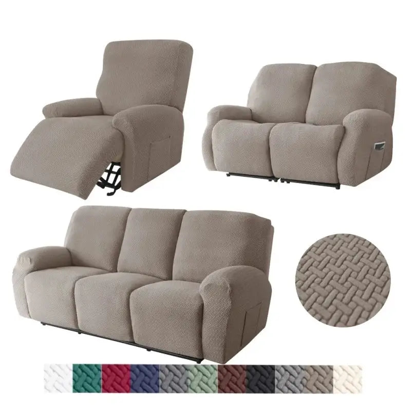 Beige textured elastic sofa cover set for recliners and sofas suitable for living room and accent chairs