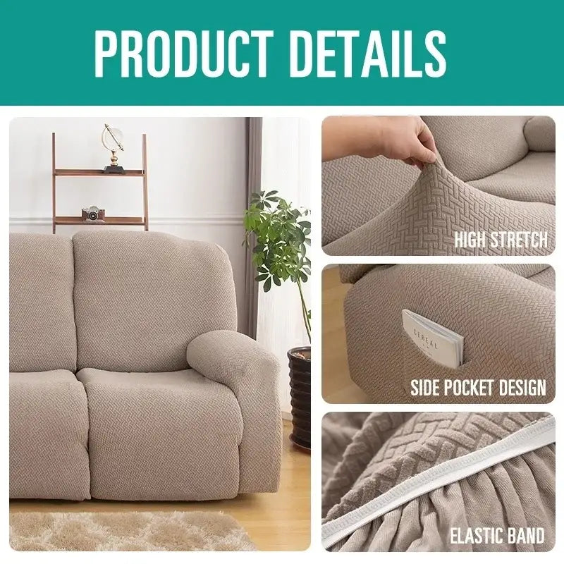 Beige textured elastic sofa cover with side pocket and stretch fabric for living room recliner and accent chairs