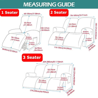 Measuring guide for beige textured elastic sofa cover for 1, 2, and 3-seater recliner sofas and accent chairs in cm and inches