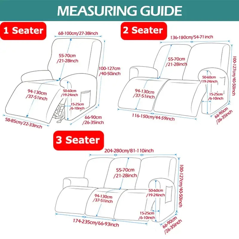 Measuring guide for beige textured elastic sofa cover for 1, 2, and 3-seater recliner sofas and accent chairs in cm and inches