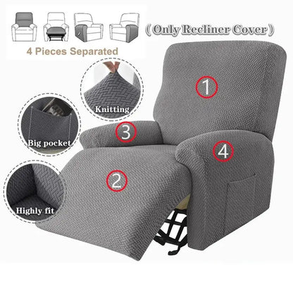 Beige textured elastic sofa cover with gray herringbone knit recliner cover featuring big pocket for accent chairs