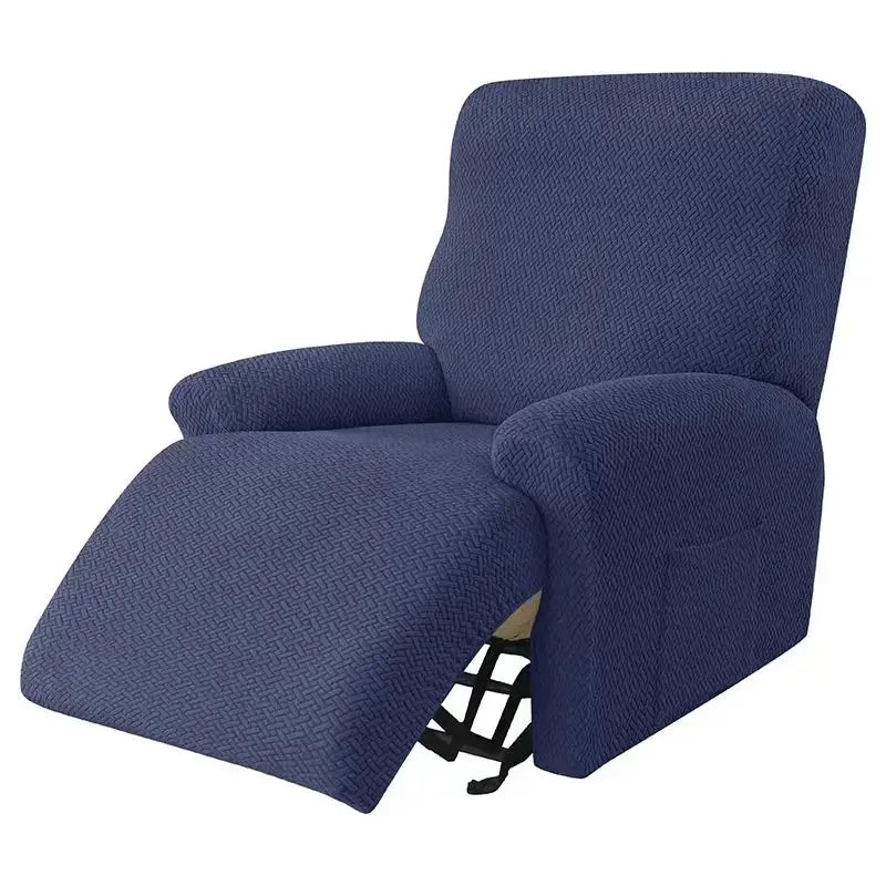 Navy blue textured stretch recliner cover designed as a sofa cover for accent chairs in living room settings