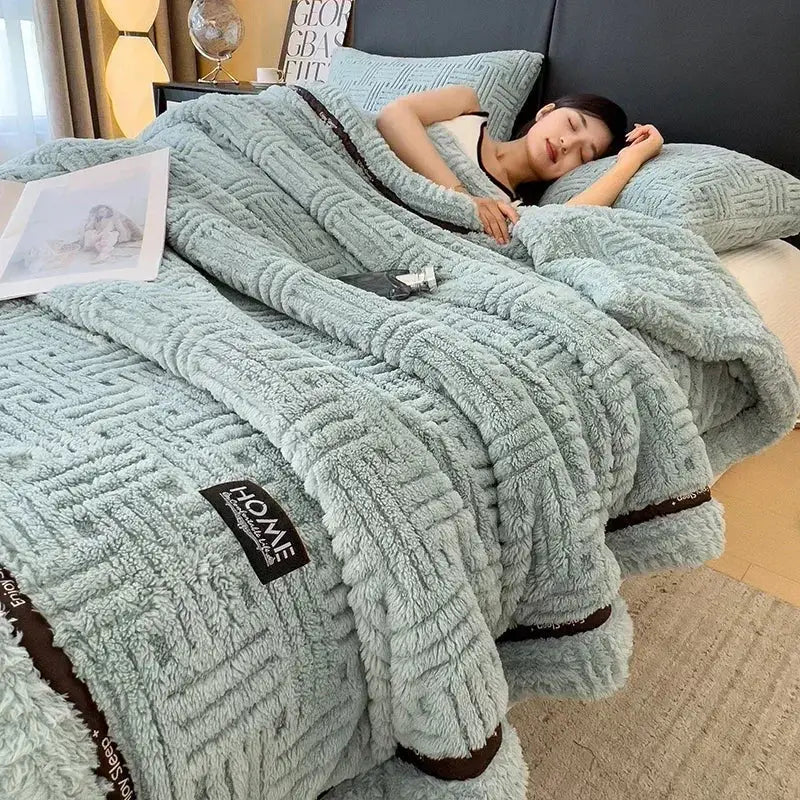 Beige textured cozy fluffy fleece blanket with light blue plush quilt woven pattern and brown trim for bedroom decorbites cozy fluffy