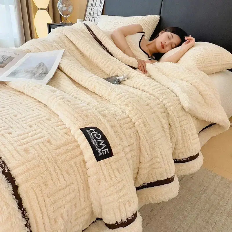 Beige textured cozy fluffy fleece blanket with brown trim and homme label perfect for bedroom decorbites cozy fluffy use